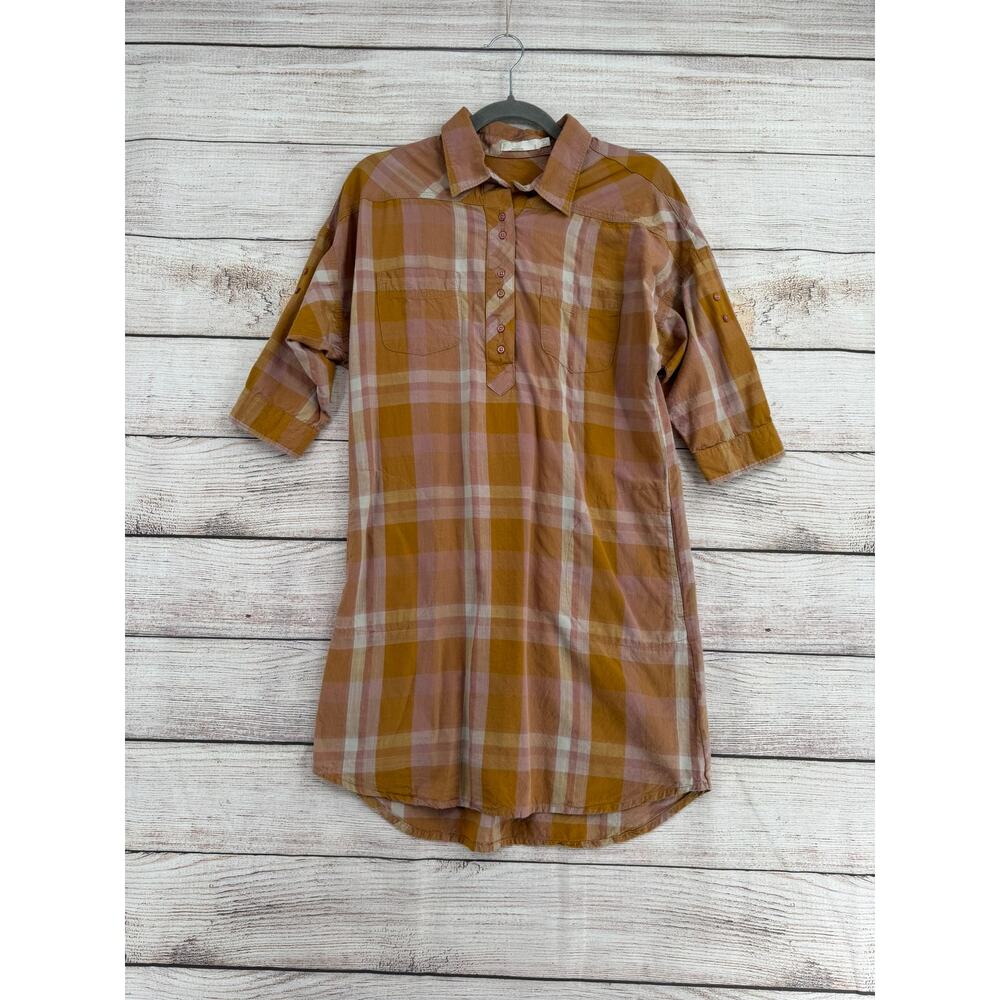 prAna Plaid 1/3 Button Tunic Shirt Dress Womens Small Beige Pink Plaid